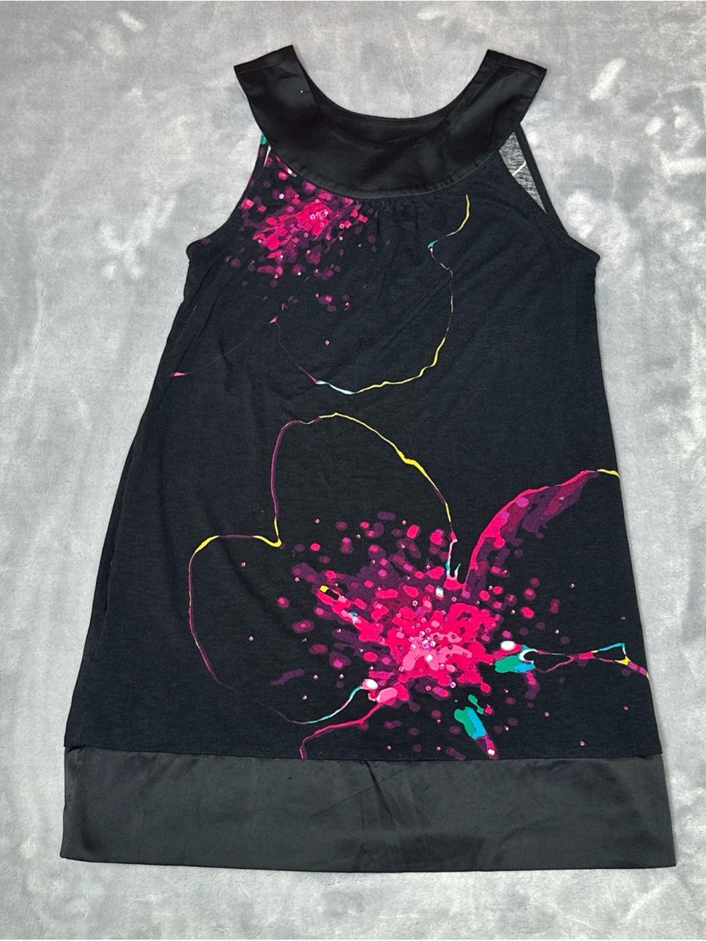 Express Black sleeveless dress with Pink Floral Splash and Neon Trim